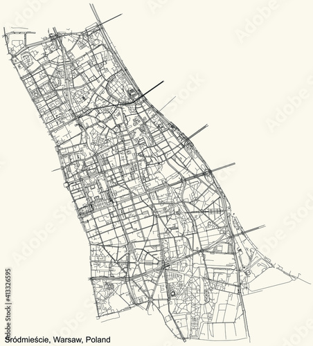 Black simple detailed street roads map on vintage beige background of the neighbourhood Śródmieście district of Warsaw, Poland