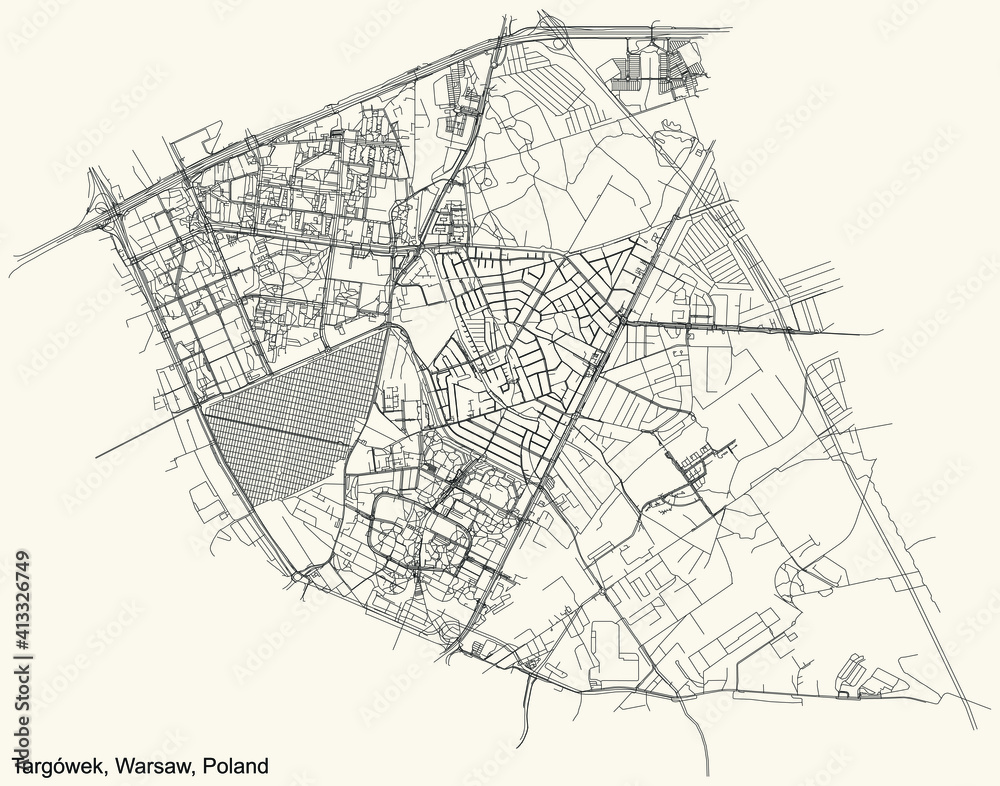 Black simple detailed street roads map on vintage beige background of the neighbourhood Targówek district of Warsaw, Poland - obrazy, fototapety, plakaty 