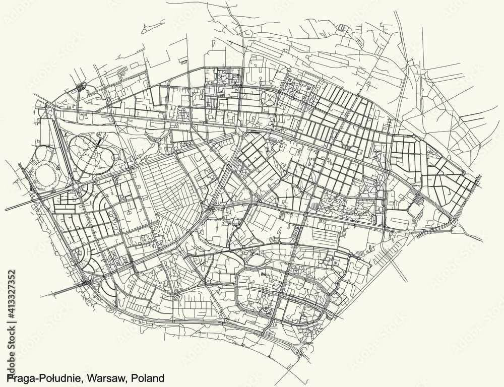 Black simple detailed street roads map on vintage beige background of the neighbourhood Praga Południe district of Warsaw, Poland