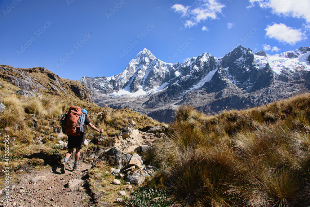A trekker heading to Union Pass on the Santa Cruz trek, Cordillera Blanca, Ancash, Per