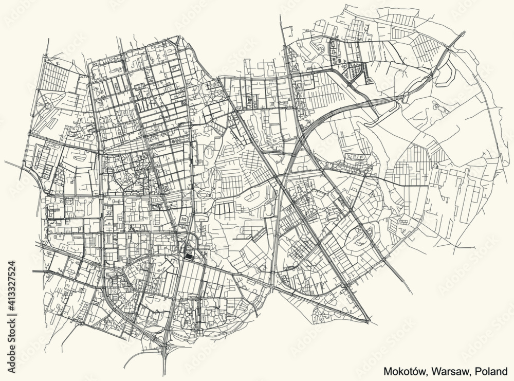 Black simple detailed street roads map on vintage beige background of the neighbourhood Mokotów district of Warsaw, Poland