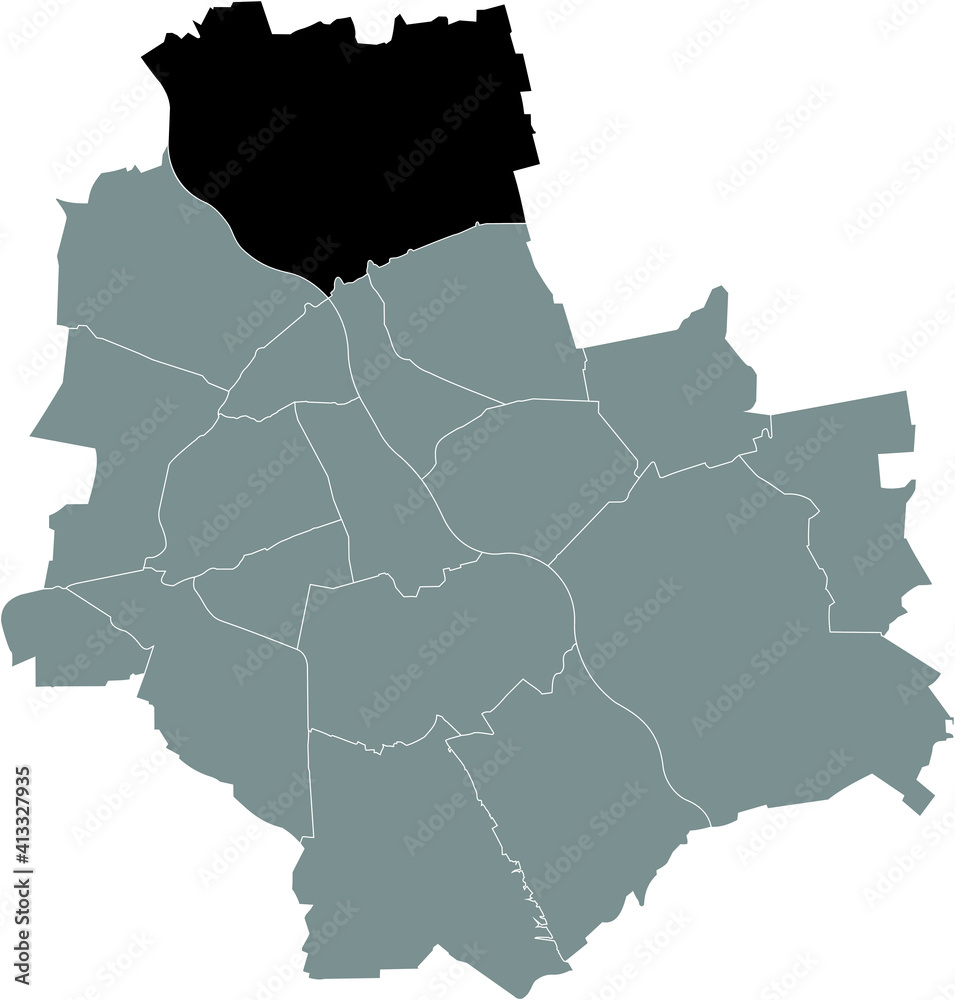 Black location map of the Varsovian Białołęka district inside gray map of Warsaw, Poland