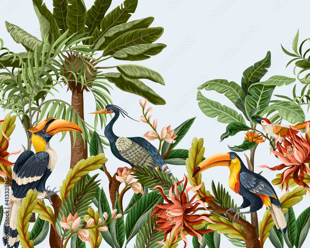 Border with birds and tropical leaves and flowers for interior. Vector. - obrazy, fototapety, plakaty 