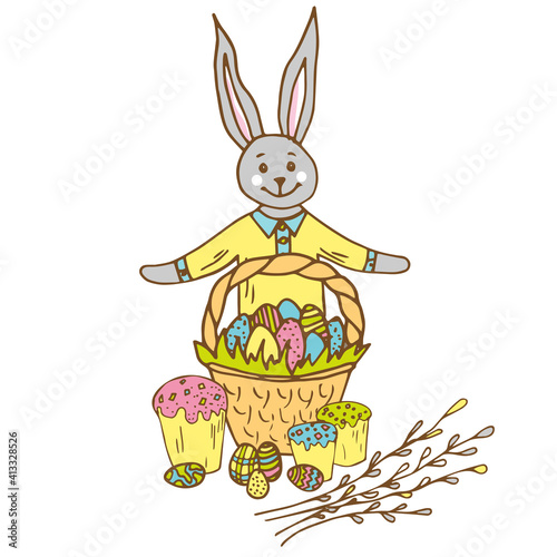 Easter bunny with basket of colored painted eggs,cupcake and sprig of willow . Colorful animal character and element isolated on white background. Celebration, festive design. Vector illustration.