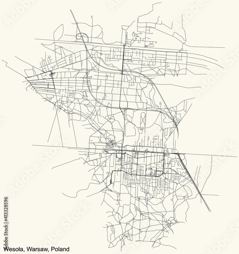 Black simple detailed street roads map on vintage beige background of the neighbourhood Wesoła district of Warsaw, Poland