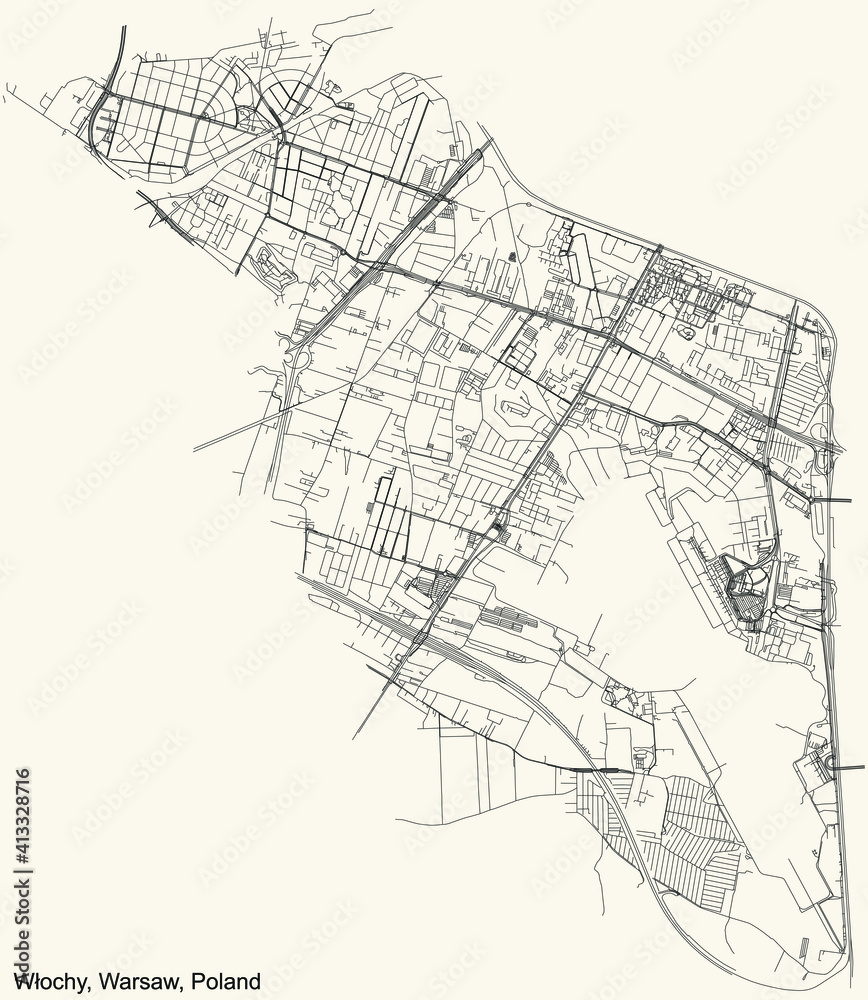 Black simple detailed street roads map on vintage beige background of the neighbourhood Włochy district of Warsaw, Poland