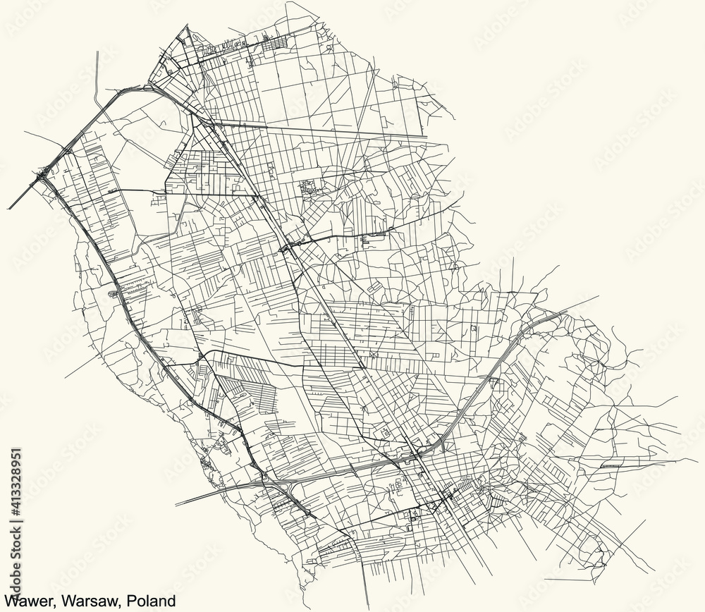 Black simple detailed street roads map on vintage beige background of the neighbourhood Wawer district of Warsaw, Poland
