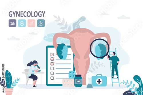 Gynecologist with magnifying glass examines female organ. Team of doctors examining female reproductive system