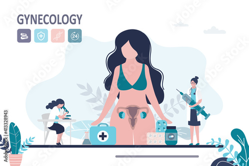 Medical team examines female reproductive system. Gynecologist examine woman genitals for diseases