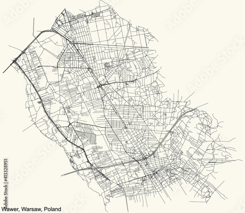 Black simple detailed street roads map on vintage beige background of the neighbourhood Wawer district of Warsaw, Poland
