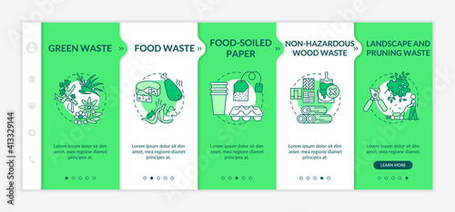Biodegradable organic waste types onboarding vector template. Non-hazardous wood waste. Landscape and pruning. Responsive mobile website with icons. Webpage walkthrough step screens. RGB color concept