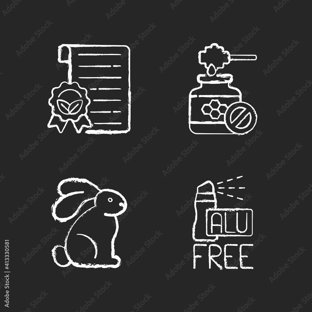 Beauty industry isuues chalk white icons set on black background. Creation of cosmetics without harmful chemical additives. Natural cosmetics. Isolated vector chalkboard illustrations Beauty industry isuues chalk white icons set on black background. Creation of cosmetics without harmful chemical additives. Natural cosmetics. Isolated vector chalkboard illustrations