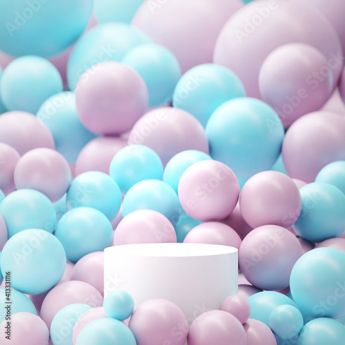 Minimal stage mock up. White cylinder base. Pedestal for display. Empty product stand. Blank pink and blue background stand full of balls. 3d render illustration