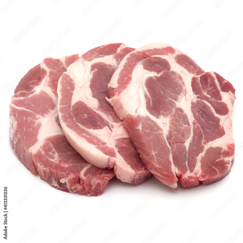 Raw pork chop meat isolated on white background cutout Raw pork chop meat isolated on white background cutout