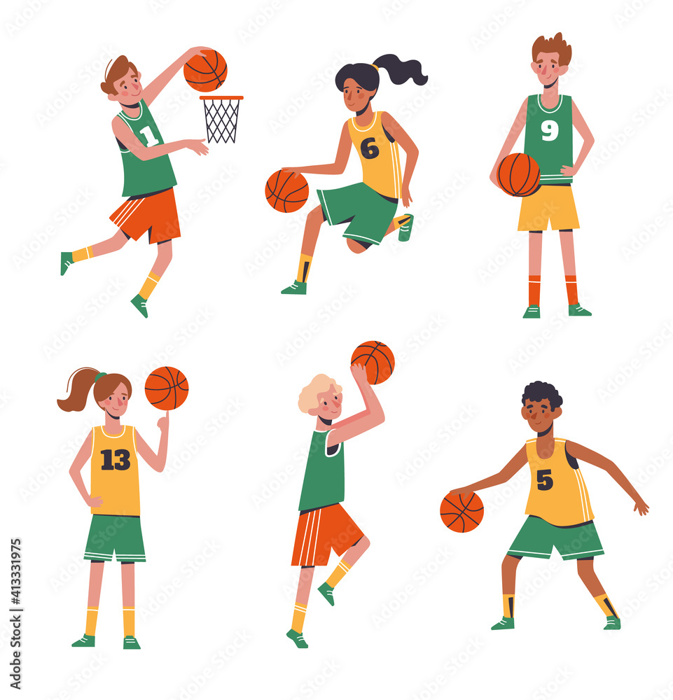 Children's sports basketball. Flat design concept with funny kids playing ball. Vector illustration of boys and girls, set isolated on white background.