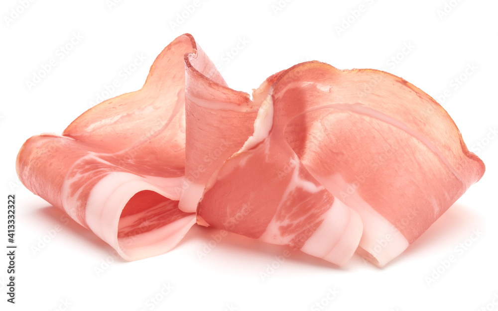 Italian prosciutto crudo or jamon. Raw ham. Isolated on white background Italian prosciutto crudo or jamon. Raw ham. Isolated on white background