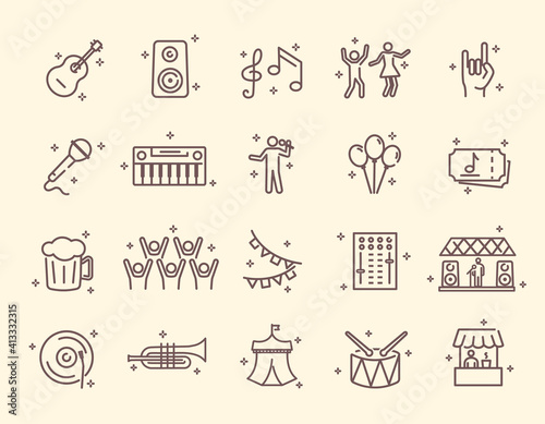 Collection of outline music festival icons. Contains such Icons as guitar, singer, concert, stage, happy dancing people, violin player and more. Editable Stroke. Set of isolated vector illustrations