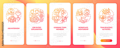 Team building activities onboarding mobile app page screen with concepts. Stages of new worker walkthrough 5 steps graphic instructions. UI vector template with RGB color illustrations
