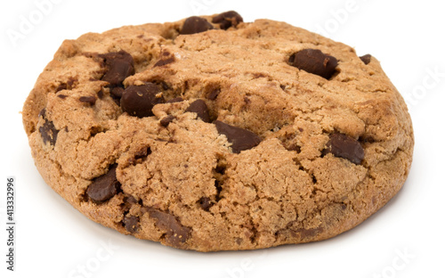 One Chocolate chip cookie isolated on white background. Sweet biscuit. Homemade pastry.