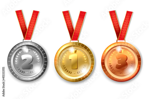 Gold silver bronze medals. Symbols of victory and success. Champion winner award metal medals. Honor badges. Set of realistic vector illustrations isolated on wite background