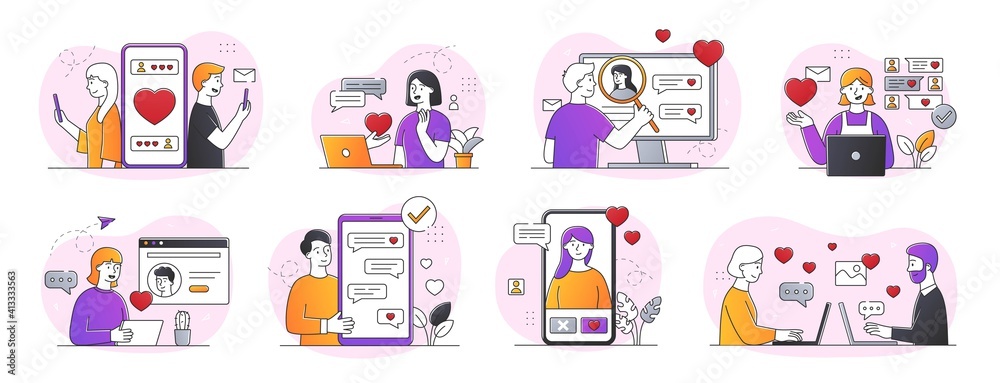 Collection of online dating abstract concepts. People using online dating apps. Set of minimal style flat cartoon vector illustrations isolated on white background
