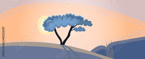 Winter fabulous landscape, cartoon screensaver for wallpaper. Pink sunrise before Christmas, New Year holiday card.