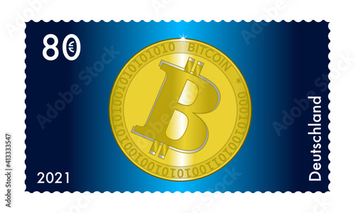 Blaue 80 Cent Briefmarke aus Deutschland mit einem goldenen Bitcoin
