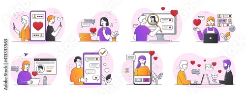 Collection of online dating abstract concepts. People using online dating apps. Set of minimal style flat cartoon vector illustrations isolated on white background