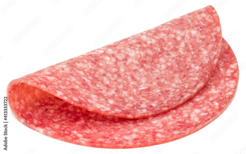 Salami smoked sausage slices isolated on white background Salami smoked sausage slices isolated on white background