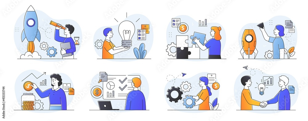 Set of scenes depicting new business launch and showing diverse successful people attaining their goals and targets in business and setting aside money for savings and investment, vector illustration Set of scenes depicting new business launch and showing diverse successful people attaining their goals and targets in business and setting aside money for savings and investment, vector illustration