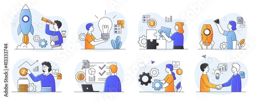 Set of scenes depicting new business launch and showing diverse successful people attaining their goals and targets in business and setting aside money for savings and investment, vector illustration