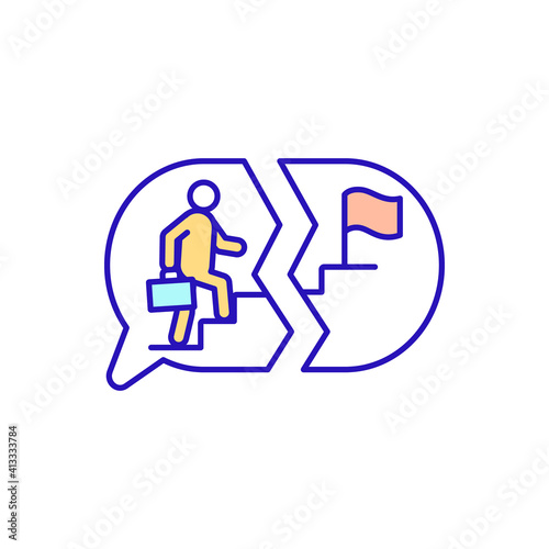 Climbing career ladder RGB color icon. Thoughts of work failure. Promotion to managerial ranks. Personal and corporate goals mismatch. Unsuccessful attempt to achieve aim. Isolated vector illustration