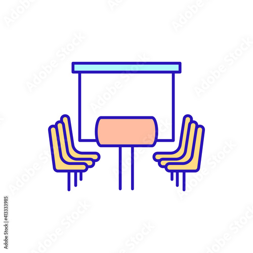 Meeting room red RGB color icon. Apartment for business meetings and conversation. Brainstorms group and collaboration space. People have conference in large room. Isolated vector illustration