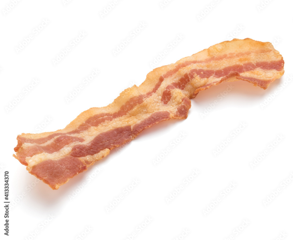 cooked crispy slice of bacon isolated on white background cooked crispy slice of bacon isolated on white background