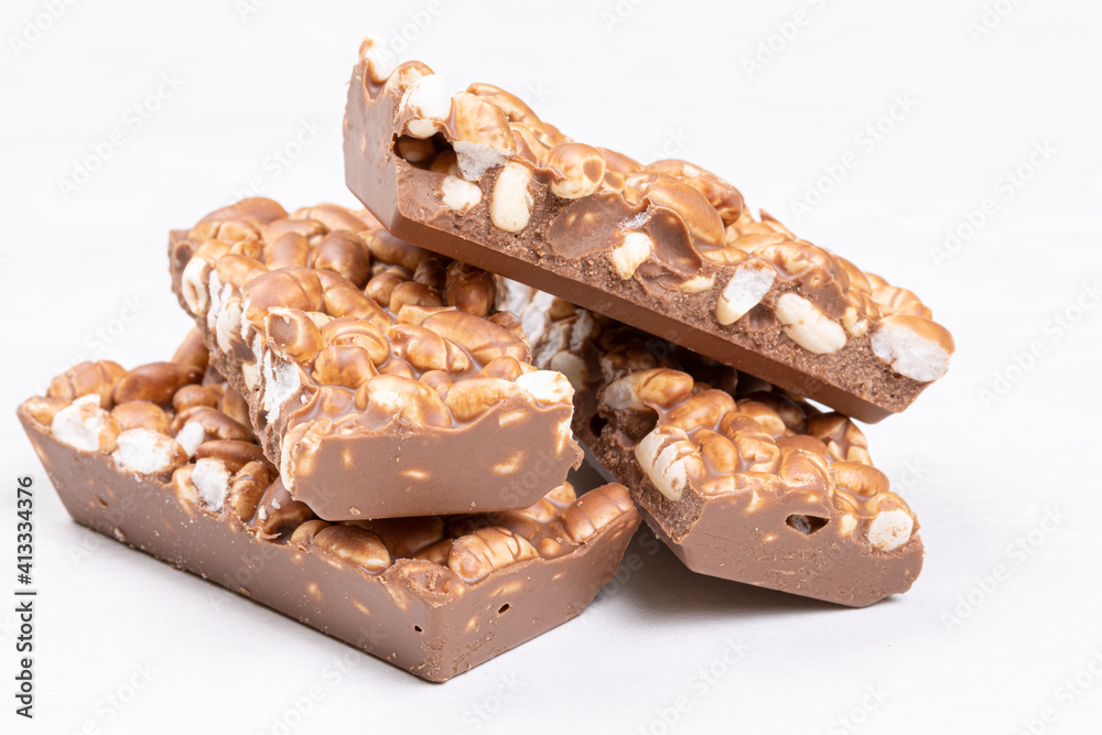 Chocolate with rice isolated above white background Chocolate with rice isolated above white background