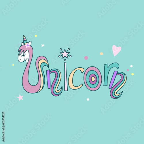 Unicorn text like a logo, badge, patch, and badge isolated on color background. Hand-drawn lettering Unicorn for greeting card, invitation, flyer, banner template. Vector lettering illustration
