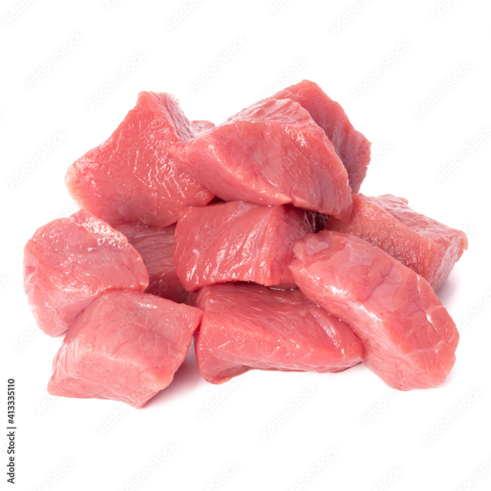 Raw chopped beef meat pieces isolated om white background cut out.