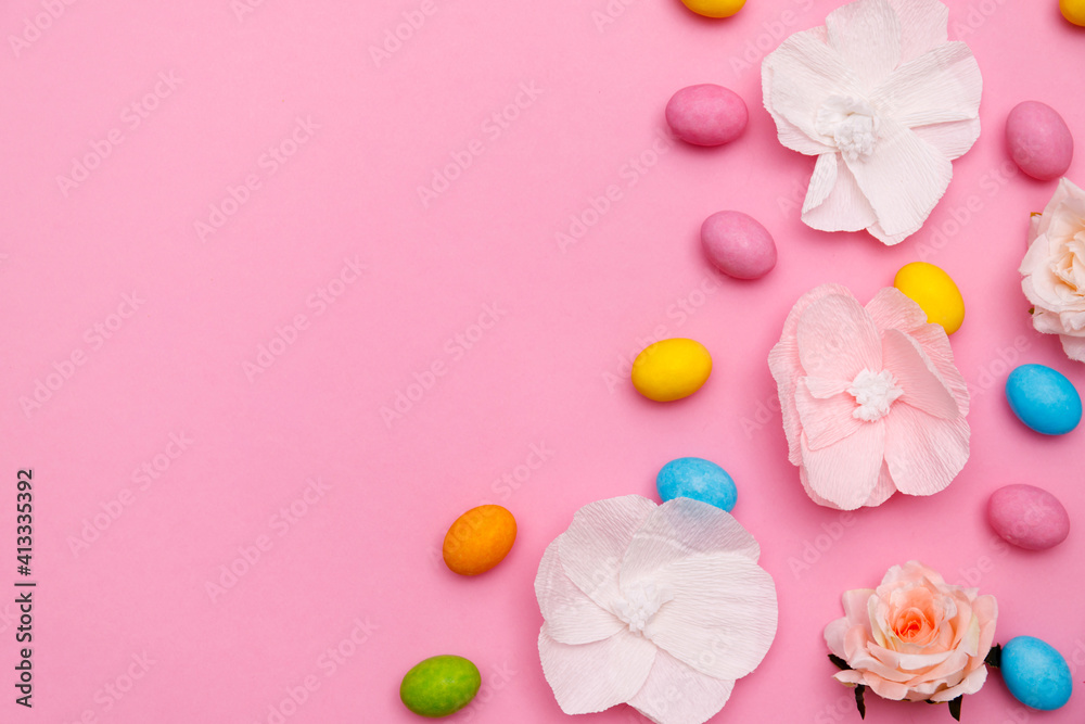 Easter bunny. Happy Easter holiday background concept.Flat lay colorful bunny egg with accessory to celebration on modern rustic pink pastel paper at home office desk. Easter bunny. Happy Easter holiday background concept.Flat lay colorful bunny egg with accessory to celebration on modern rustic pink pastel paper at home office desk.