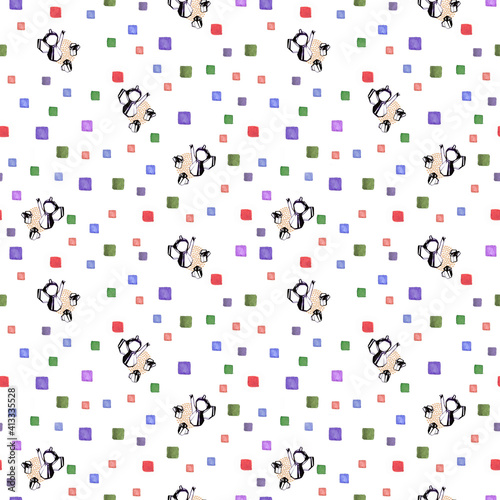 Seamless pattern illustration with colored squares and teapots isolated on white background