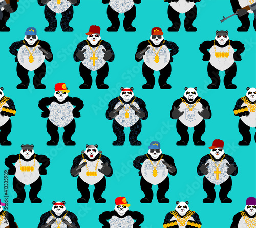 Panda gangster gang pattern seamless. Cool Bear Gang of bandits background. SWAG gangsta texture. Animal guy rapper ornament