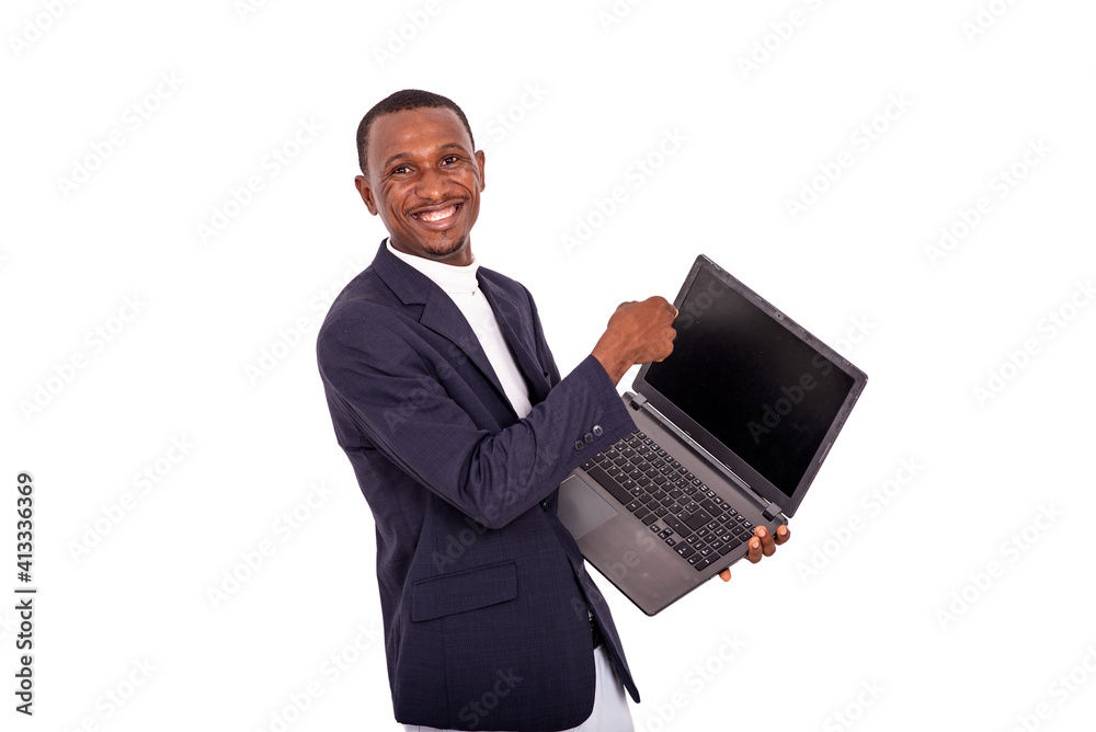 adult businessman pointing his finger on the laptop screen. adult businessman pointing his finger on the laptop screen.