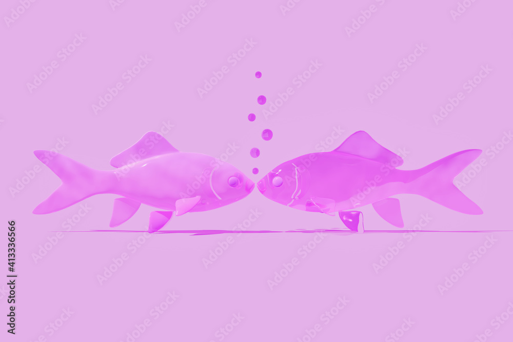 3d rendering illustration of a two pink fish in love producing blue ...