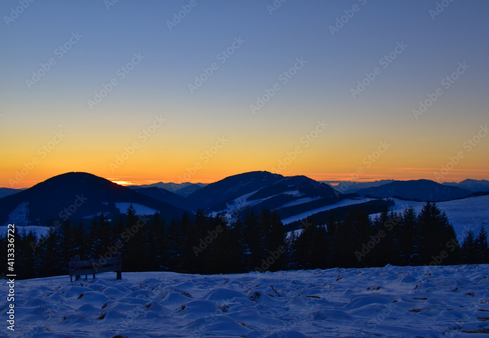 Sonnenuntergang über der Teichalm, Steiermark, Österreich