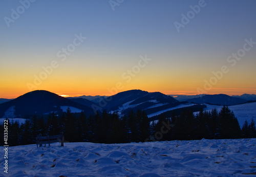 Sonnenuntergang über der Teichalm, Steiermark, Österreich