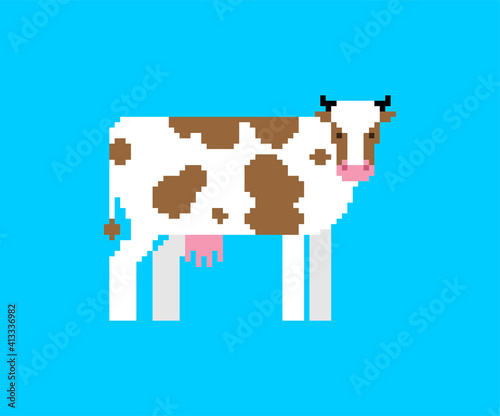 Cow pixel art. 8 bit farm animal cartoon. vector illustration