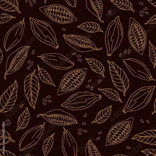 Cocoa beans and cocoa leaves seamless pattern. Hand drawn vector Cocoa beans, leaves sketch on dark brown background. Doodle Outline illustration. Plant parts. Organic product wrapping, packing, scrap