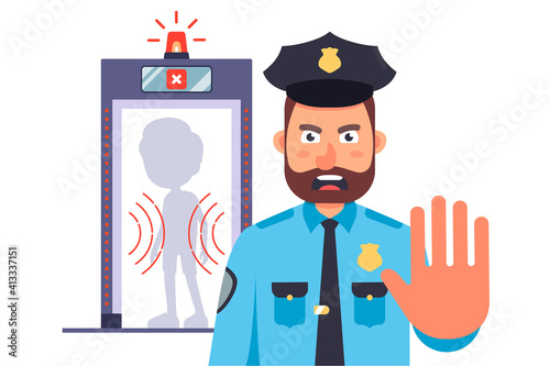 policeman at the entrance to the airport. a ban on crossing the border. flat vector illustration.