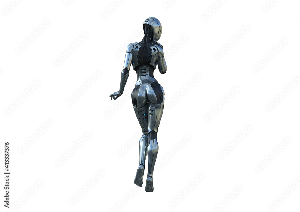 Image robot created in female figure with different viewing angles, isolated on a white background. Template for Photoshop as a smart object suitable for other picture composing. 3d rendering.