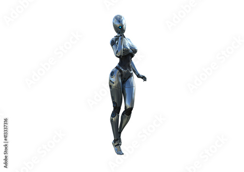 Image robot created in female figure with different viewing angles  isolated on a white background. Template for Photoshop as a smart object suitable for other picture composing. 3d rendering.