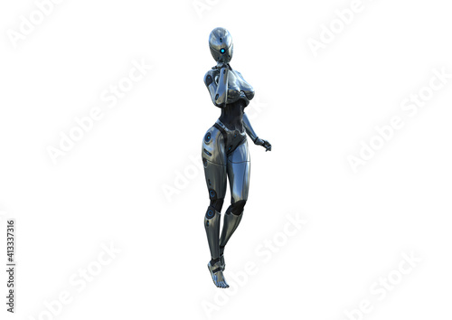Image robot created in female figure with different viewing angles, isolated on a white background. Template for Photoshop as a smart object suitable for other picture composing. 3d rendering.